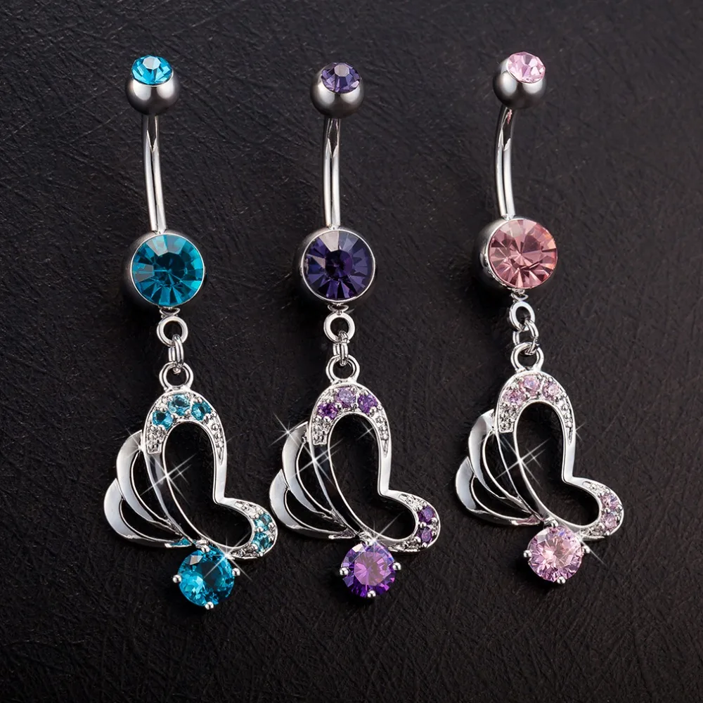

3 Color Crystal Surgical Steel Metal Navel Piercing Trendy Medical steel Belly Button Ring Silver Heart Dainty Body Jewelry