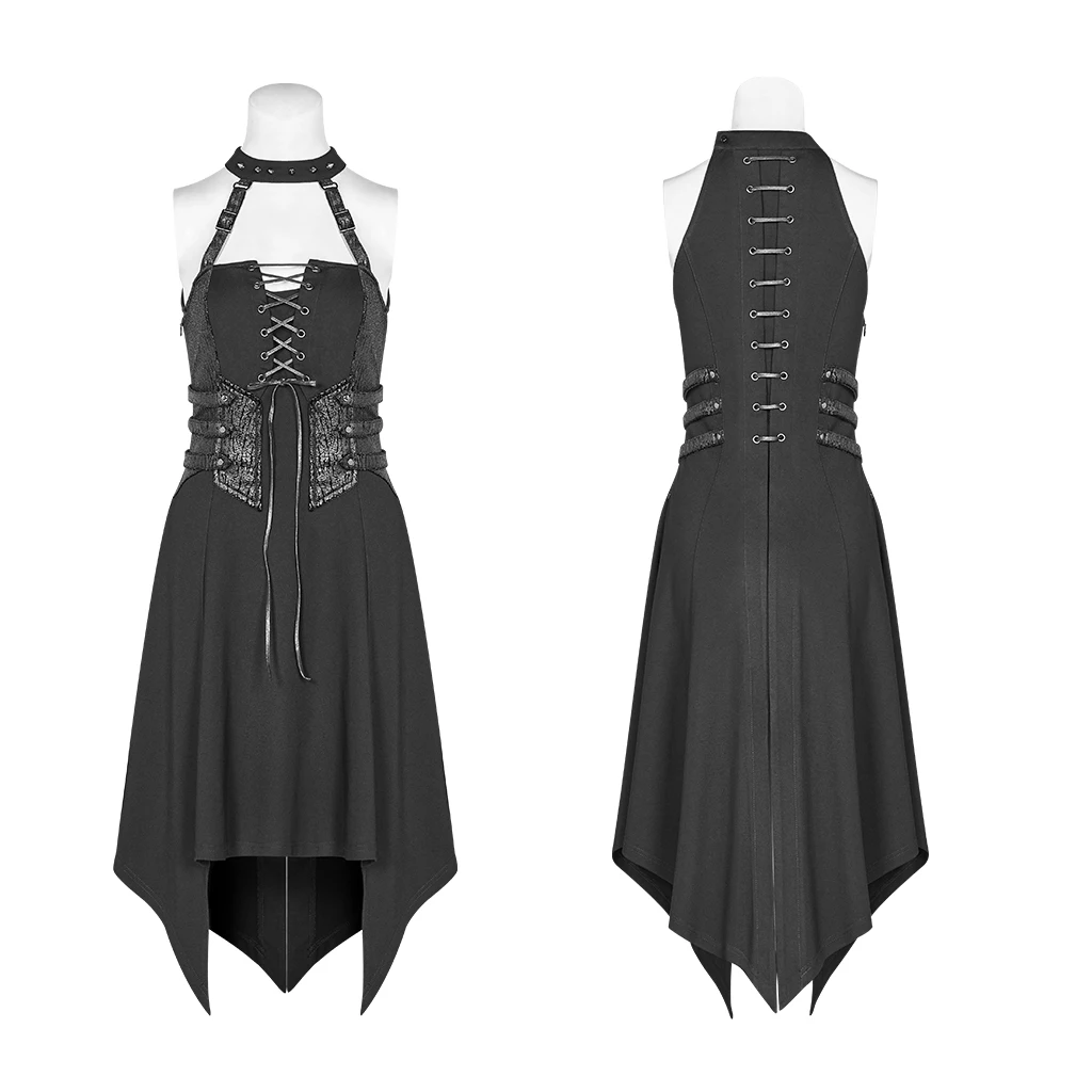 Панковское RAVE женское темно-панк асимметричное короткое платье с заклепками, Сексуальные клубные Вечерние платья на бретелях, женское платье в стиле рок и мотоцикла
