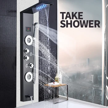 

Brushed Nickel Shower Panel Waterfall Rain Bath Shower Column Wall Hang Body Massage Jets Shower Faucet Mixer with Handshower
