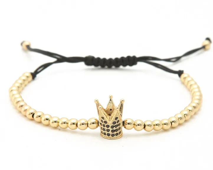 

gold silver micro pave cz Cubic Zirconia rope adjusted Copper Beads Bracelet xg34 Crown Charm Braided Bangles Women