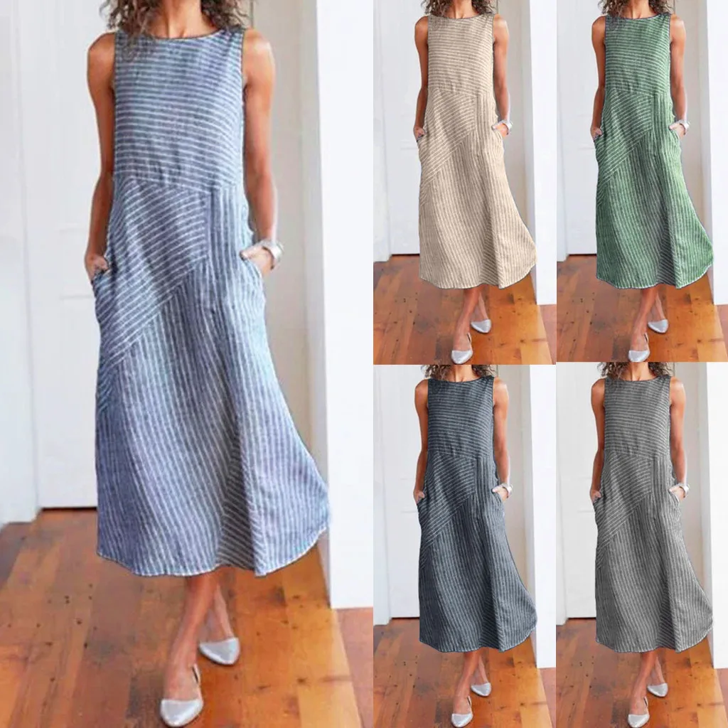

Women Plus Size Casual Striped Sleeveless Solid Color Beach Dress Crew Neck Linen Pocket Loose Elegant Party Casual Long Dress