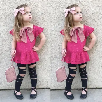 

Kid Girl Summer Cute Short Sleeve Tops Ripped Pants Clothes Set Kid Girl Summer T-Shirt Top Leggings Pants Clothes Outfit Set