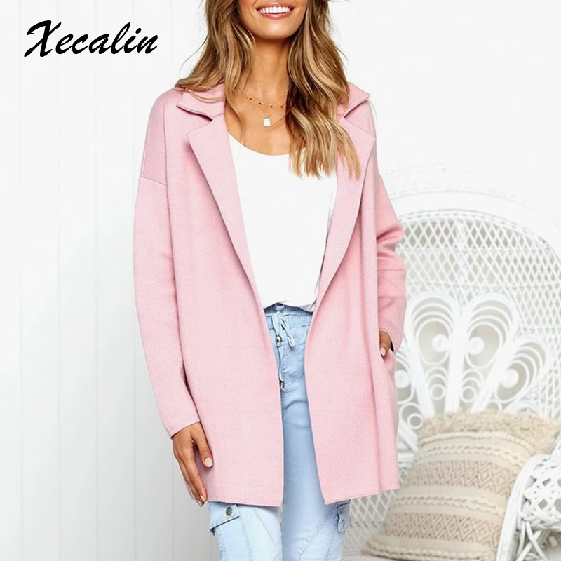 

Xecalin Solid Pink Casual Open Stitch Coats Women Manteau Femme Hiver Woolen Coat Turn Down Collar Jacket Winter 2018 Plus Size
