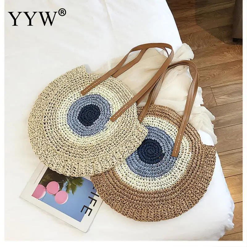 

Hand-Woven Round Woman'S Shoulder Bag Bohemian Large Size Beach Bag Summer Vacation Casual Shopping Female Handbag Rattan Totes