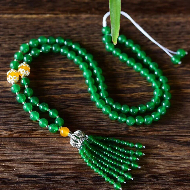 

Green Natural Crystal Necklace Round Beads with Tibetan Silver Tassel pendant Ladies Gift sweater chain Necklace Fashion Jewelry