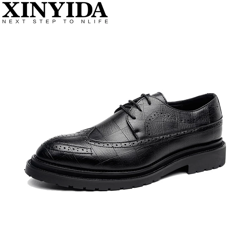 

2018 Fashion Shoes Men Business Dress Shoes Casual Leather Shoes Men's Lace-up Increased Bullock Carve Pointed Toe Brogue Shoes