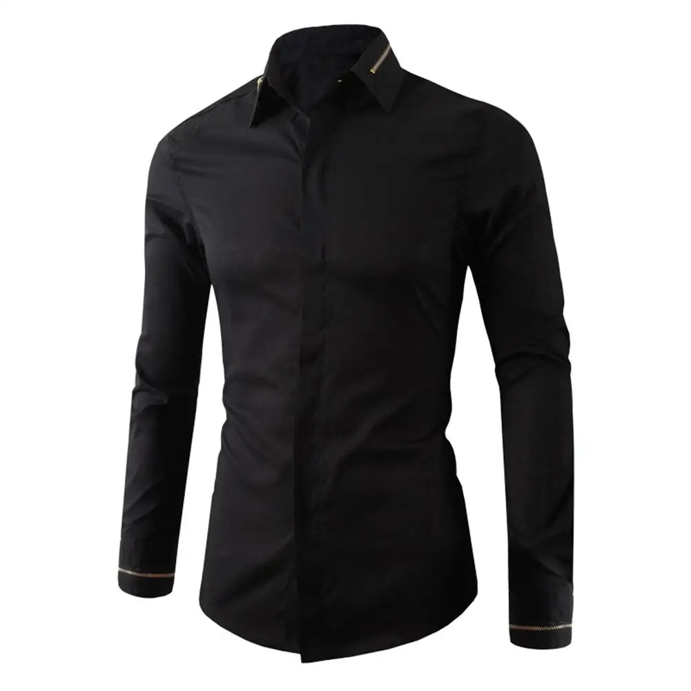 

Fomral Men Spring Autumn Decorative Zipper Turn Down Collar Long Sleeve Shirt Slim Top Gift