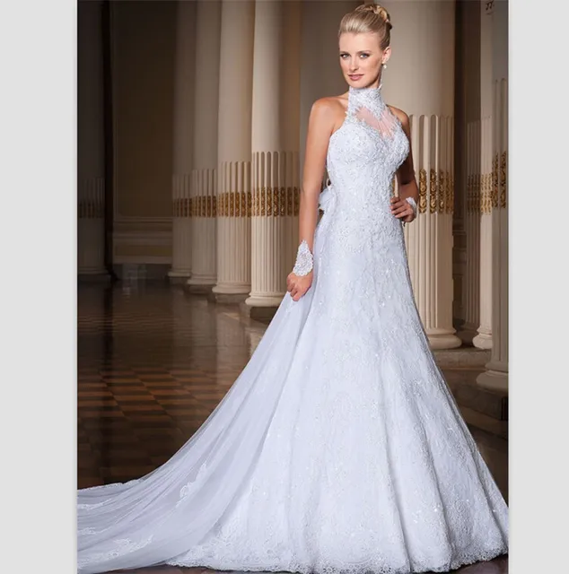 Elegant White Lace Wedding Dress 2017 Y Backless Halter Beaded A Elegant White Lace Wedding Dress 2017 Y Backless Halter Beaded A Line Gowns With Long