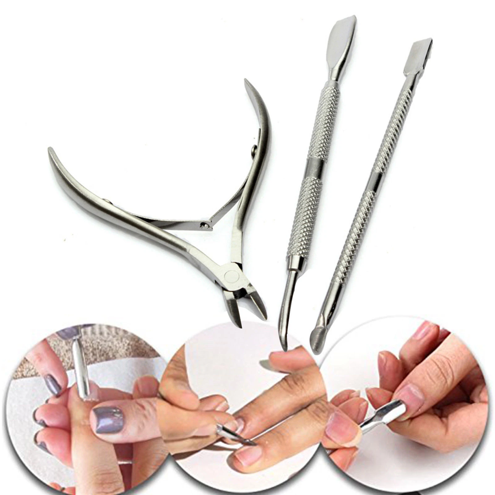 

3Pcs Nail Cuticle Remover Tools Set Silver Dead Skin Cutter Nipper Spoon Pusher Manicure Nail Art Manicure Tool Kit