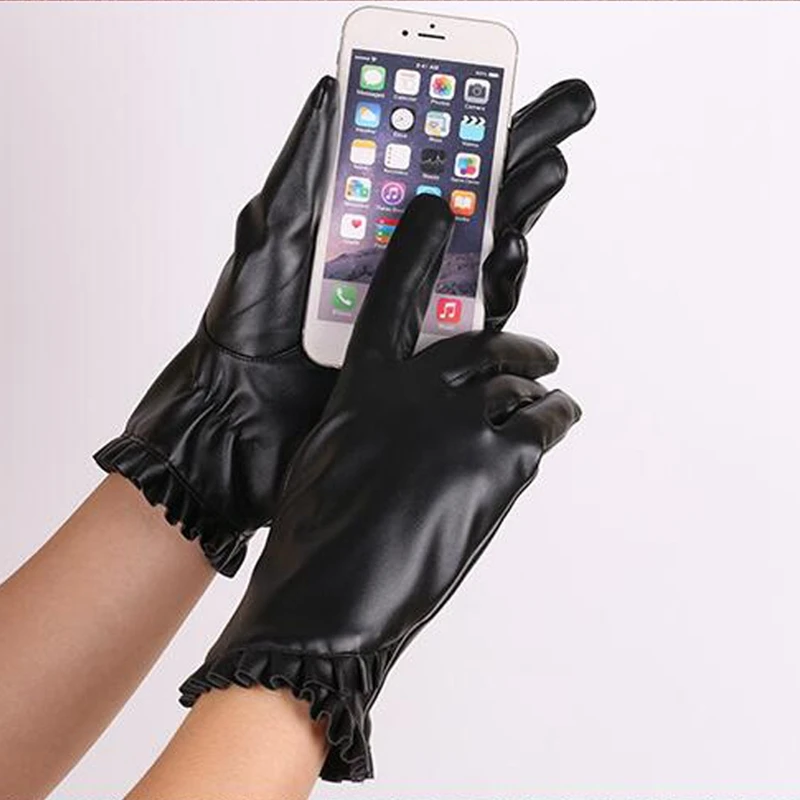 Women Touch Screen Gloves PU Leather Driving Gloves Lace Winter Gloves