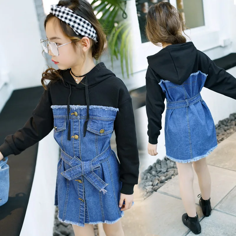

Hooded Teenage Girl Hoodies Spring Autumn 2018 Dress Jeans Patchwork Dress For Girls Little Long Sleeve T Shirts Tops With Belt