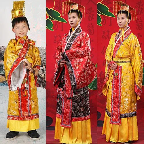 

Adult Childs Costume Chinese Hanfu Dress Mens Boys Emperor King Stage Clothes Costumes Tang Suit Kids Robe+hat Set TL451