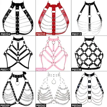 

Leather Body Harness Bra Metal Chain or Women Punk Goth Tops Cage Strap Adjust Plus Size Festival Rave Costume