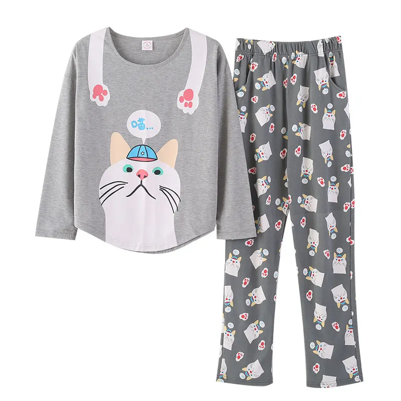 Spring Cute Sleepwear Women Pajama Sets Women Cat Print Long Sleeve