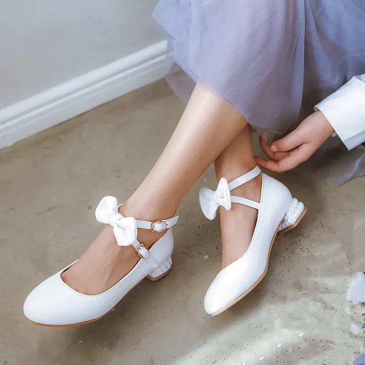 PXELENA/милые туфли мэри джейн с бантом для девочек; женские свадебные туфли на низком каблуке; туфли-лодочки принцессы Лолиты; цвет белый, розовый, черный; большие размеры 34-43