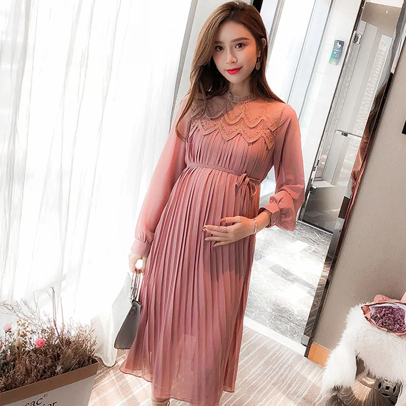 Collection  High Quality Chiffon Dresses Maternity Clothes For Pregnant Women Long Sleeve Pleated Dresses Pregn 