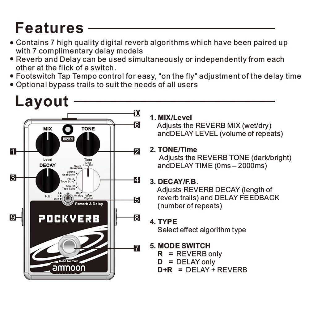 US $50.99 ammoon POCKVERB Reverb amp Delay Guitar Effect Pedal 7 Reverb Effects7 Delay Effects With Tap Tempo Function True Bypass pedal