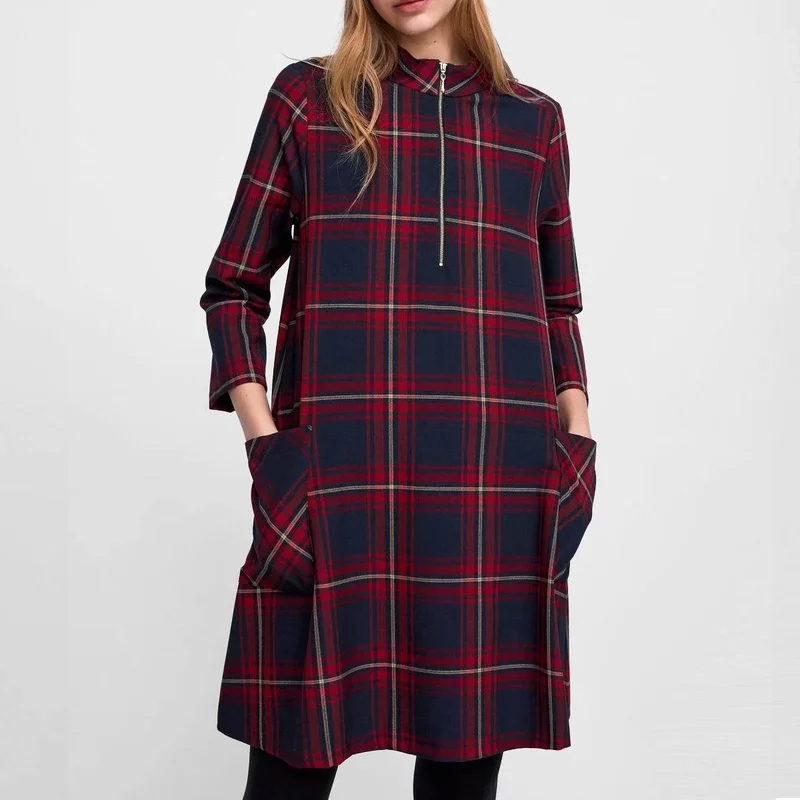 

ZA 2019 Spring New Red Plaid Dress Women Loose Pockets Midi Dress XZ1859