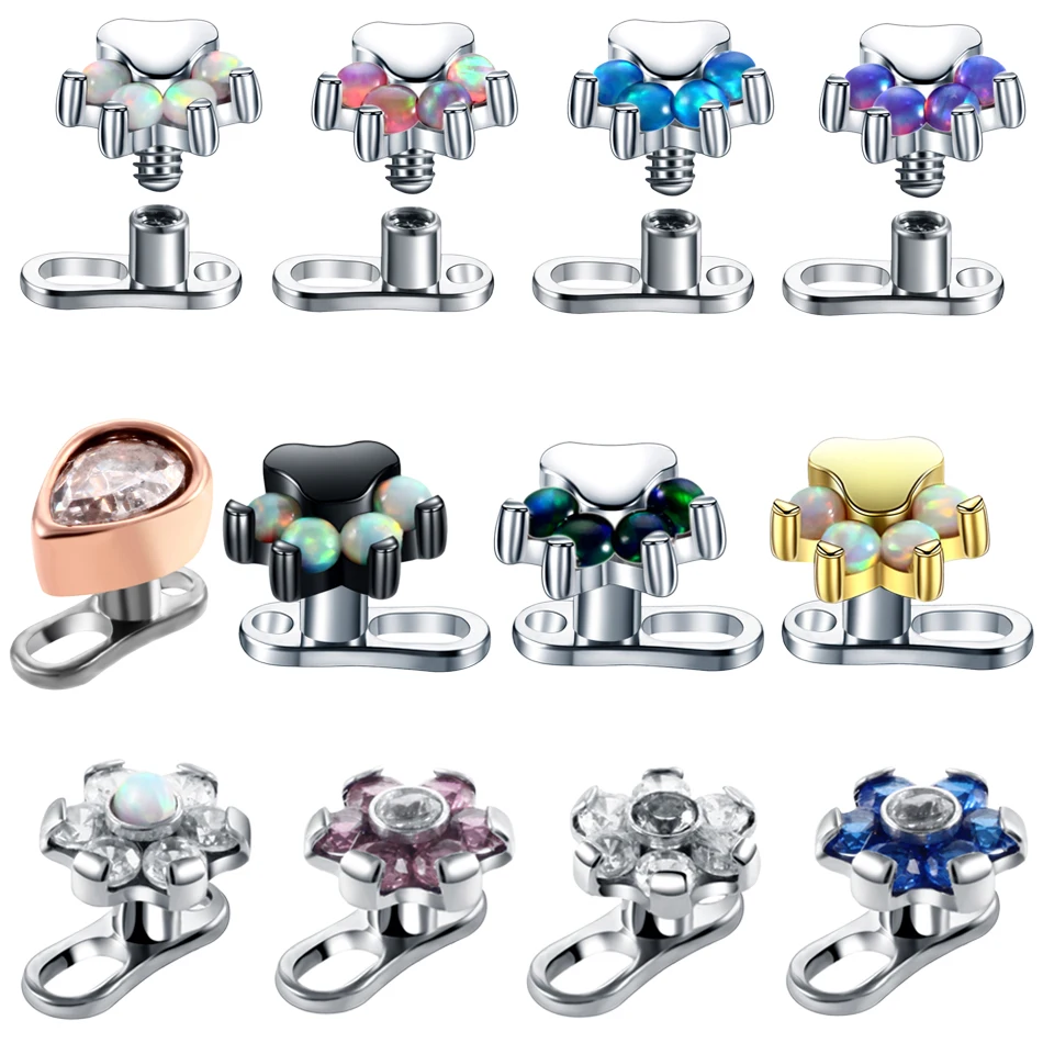 

1Set Steel Opal Dermal Top Piercings Titanium Crystal Flower Micro Dermal Anchor Base Kit 14G Surface Skinner Diver Body Jewelry