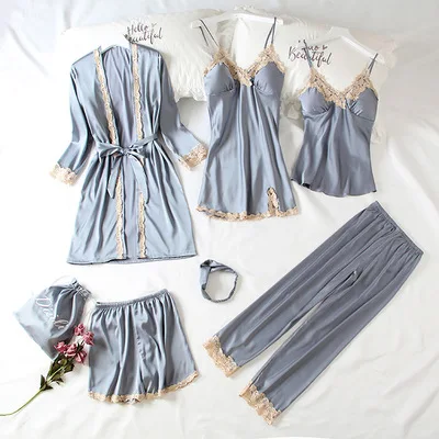 Daeyard женские Модные 7 штук пижамы наборы шелк Embroideryed пижамы Для женщин пикантные кружевные пижамы наборы Весна Летняя домашняя одежда - Цвет: gray