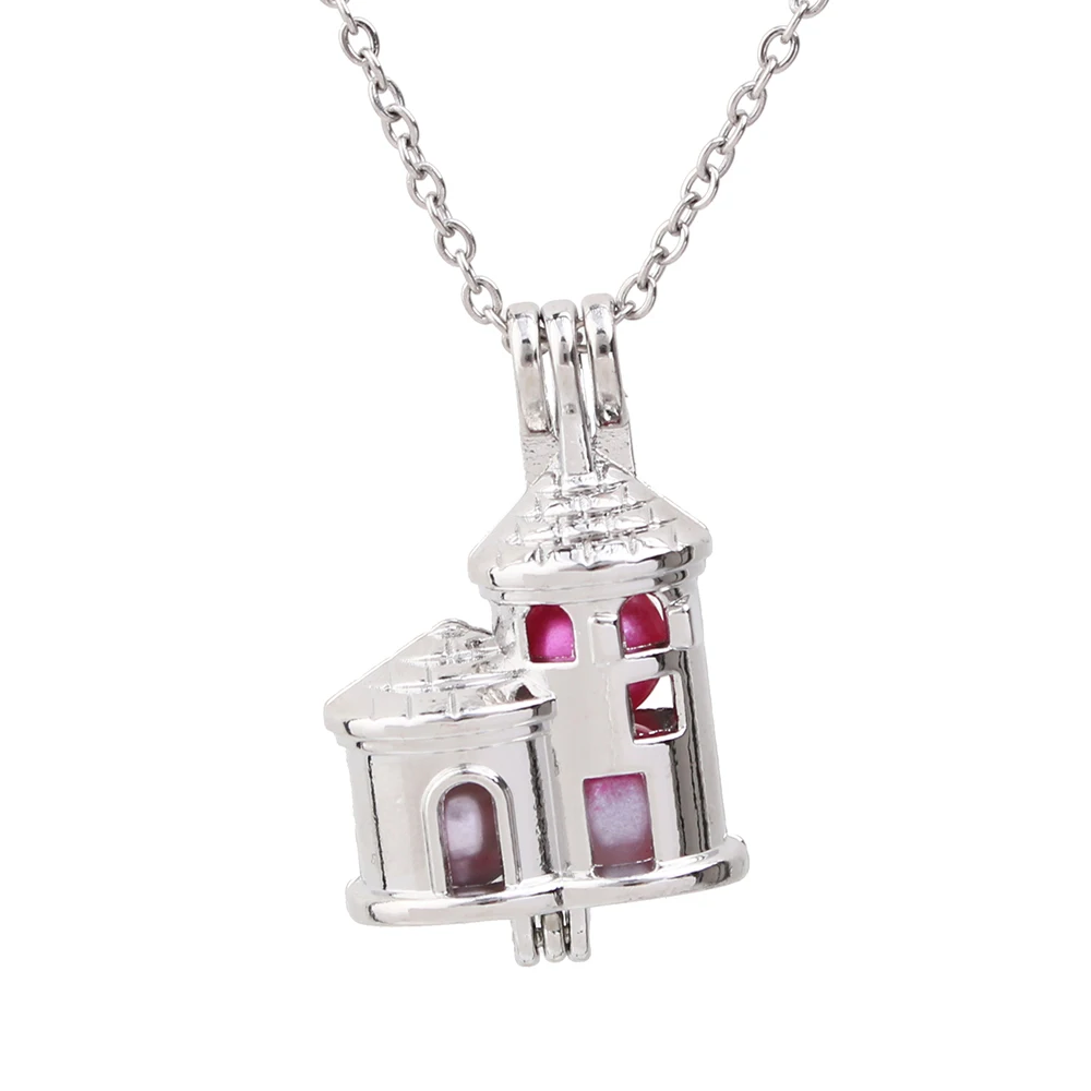 

1pc Silver Plated Big House Pearl Cage Pendant Lockets Necklace Oyster Pearls Jewelry for Essential Oil Diffuser Fun Gift