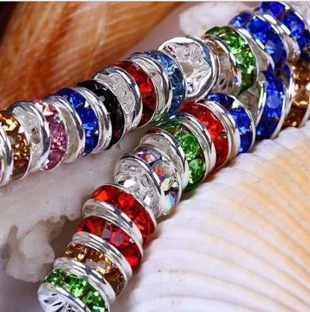 

Free Shipping 10MM Mixed Color Spacer Metal Silver Plated Rondelle Rhinestone Loose Beads For DIY Jewelry Making crystal