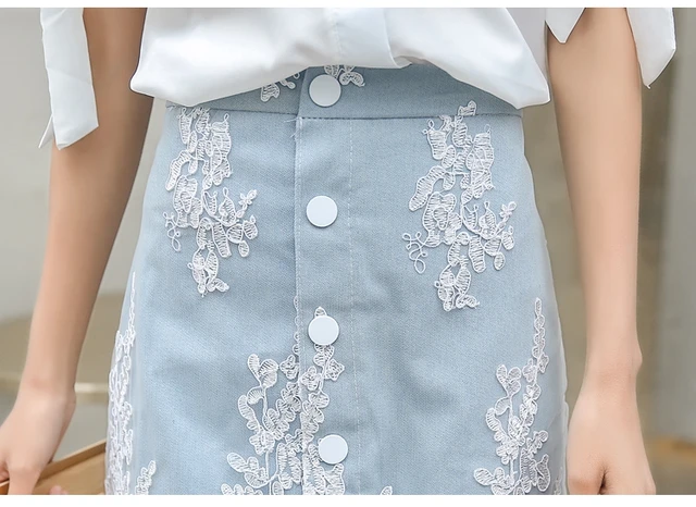 New Women Skirts Suits 2018 Ruffles Lace Up Bows Shirts Blouses + Denim Lace Embroidery Skirt Suits Clothing Sets NS399