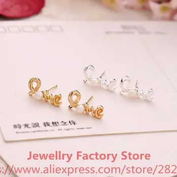 

600sets/lot love pearl style stud earrings for women fashion lady gold silver color earrings wholesale bijoux jewelry