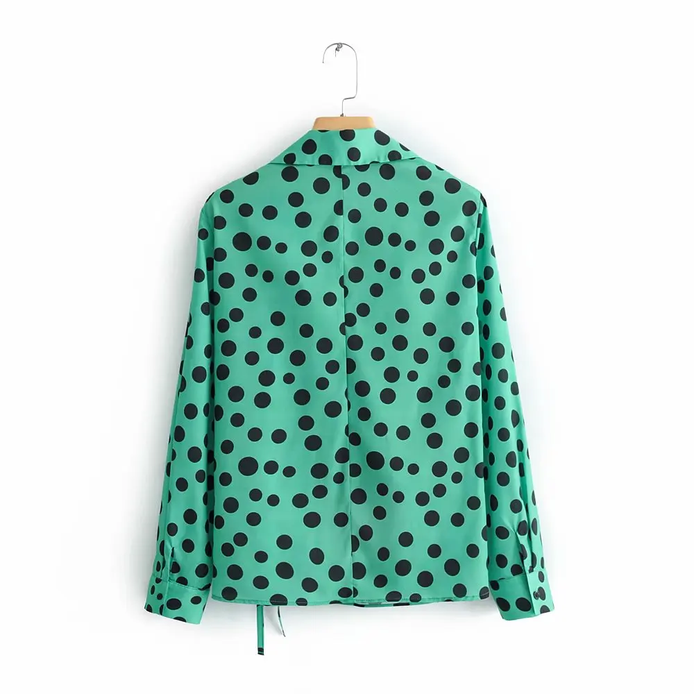  new women fashion green polka dots print casual kimono blouse shirts women lace up bow tied busines