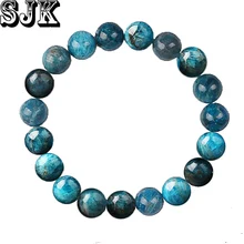 Pedra natural azul apatite redonda contas de fósforo pulseira elástica 4 6 8 10 12mm cura pulseira feminino jóias presentes