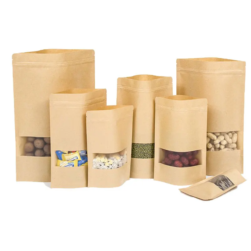 

10Pcs Wedding Packaging Bag Kraft Paper Gift Bag Window Zipper Food Fruit Tea Candy Gift Bag Self-Sealing Zipper Stand Up Bag