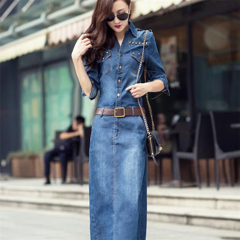 

Spring Autumn Women Long Denim Dress Vintage Long Sleeve Ladies 2017 Denim Dresses Women's Jeans Shirt Dresses Vestidos