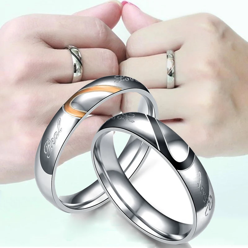 

Romantic Stainless Steel Couple Ring Silver Half Heart Engraved Love Fashion Jewelry For Women Men Wedding Engagement Rings