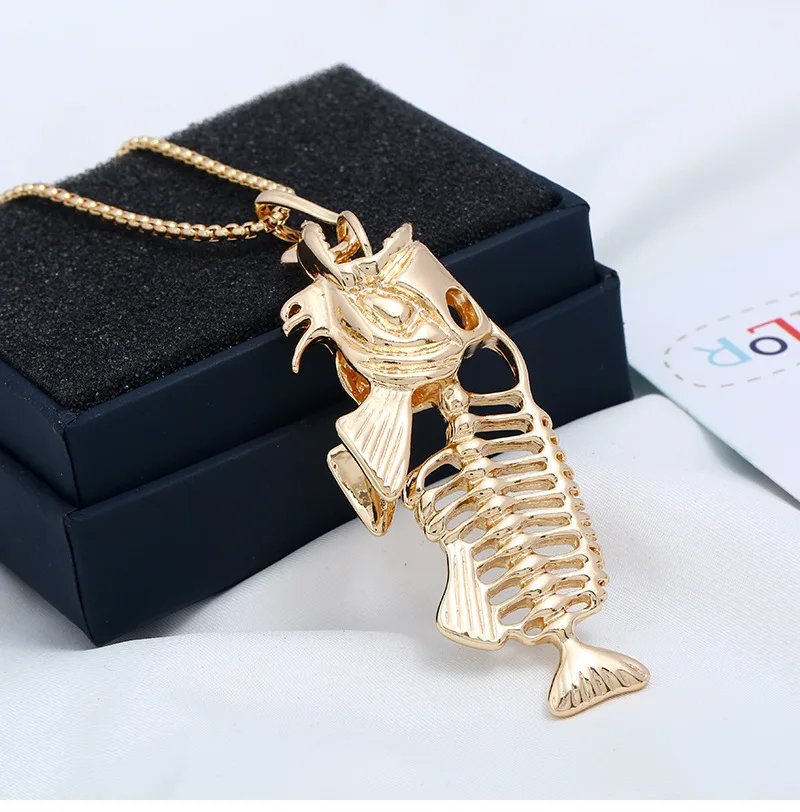 Charms Fish Bone & Fishing Hook Pendant Necklaces Shellhard Stainless Steel Hollow Fish Skeleton Bone Necklace Fashion Jewelry