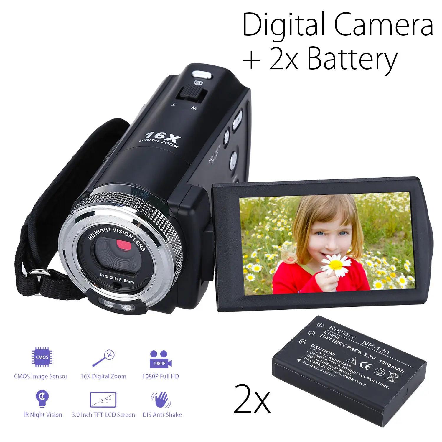 

ORDRO HDV-V12 3.0inch LCD CMOS Sensor 1080P Digital Camera Camcorder 16X Digital Zoom DVR Night Vision Microphone+2 Battery