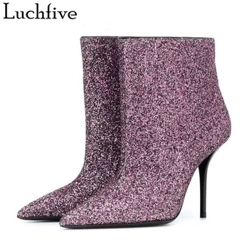 

Sexy Glitter Women Boots Thin High Heels Gladiator Shoes Woman Pointy Toe Slip On Boots Femme Purple Ankle Boots For Women