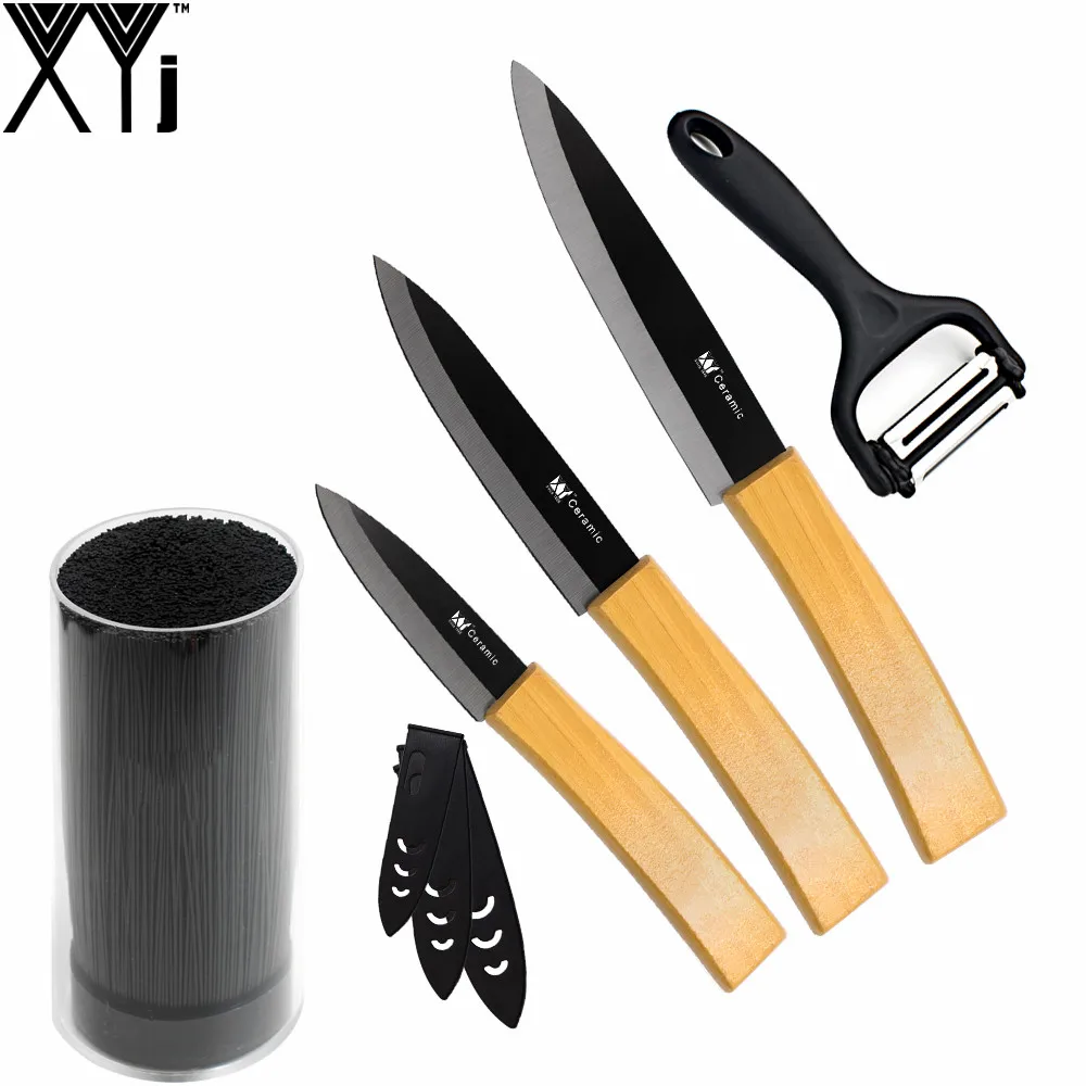 XYj Five Pcs Set Kitchen Knife Bamboo Handle Black Blade 3" 4" 5