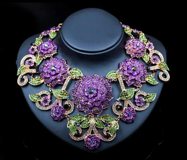 Purple Flower Corsage Austrian crystal bib necklace with earrings sets