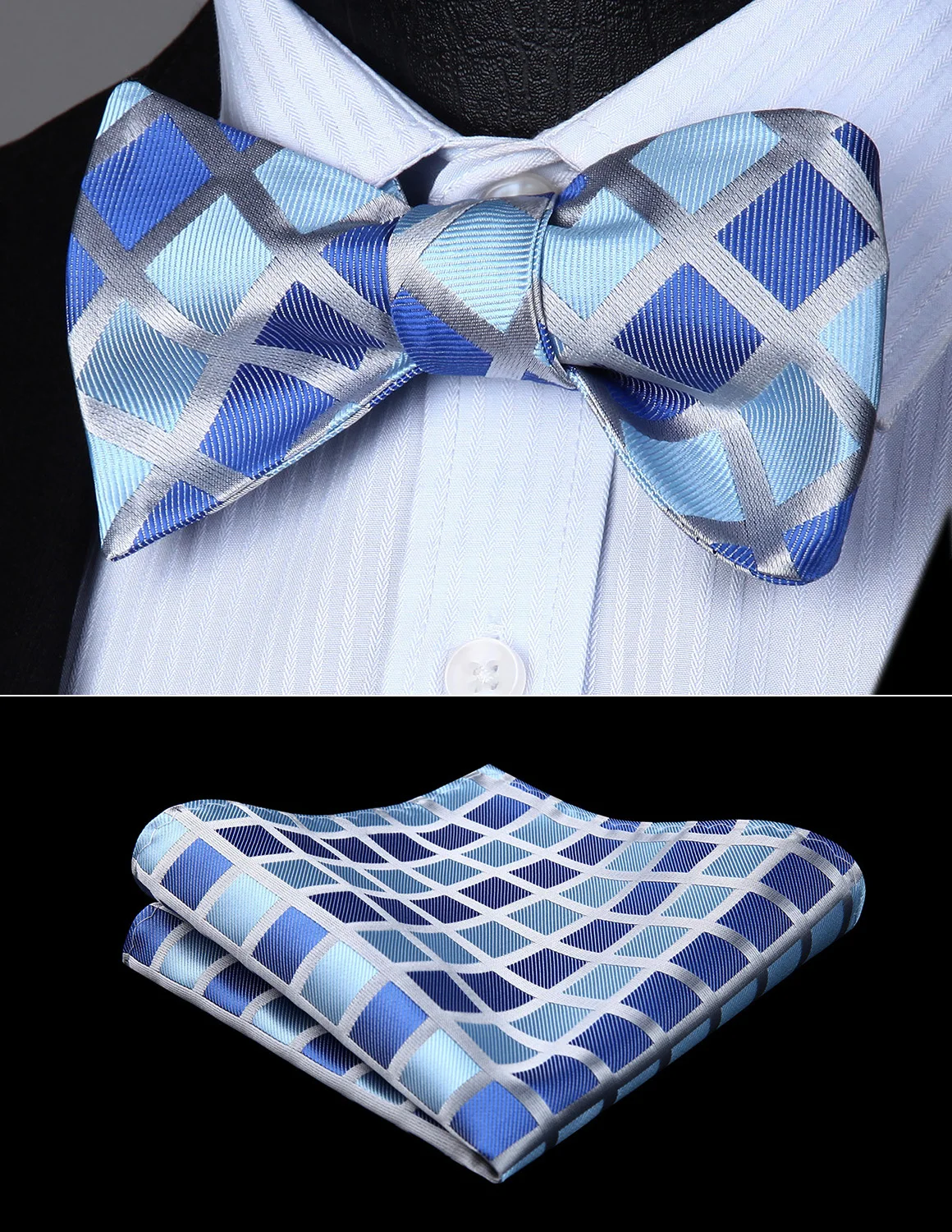 Для мужчин тканые темно-голубой проверить и плед Самостоятельная галстук-бабочку Pocket Square Set # BC817BS бабочку платок Набор