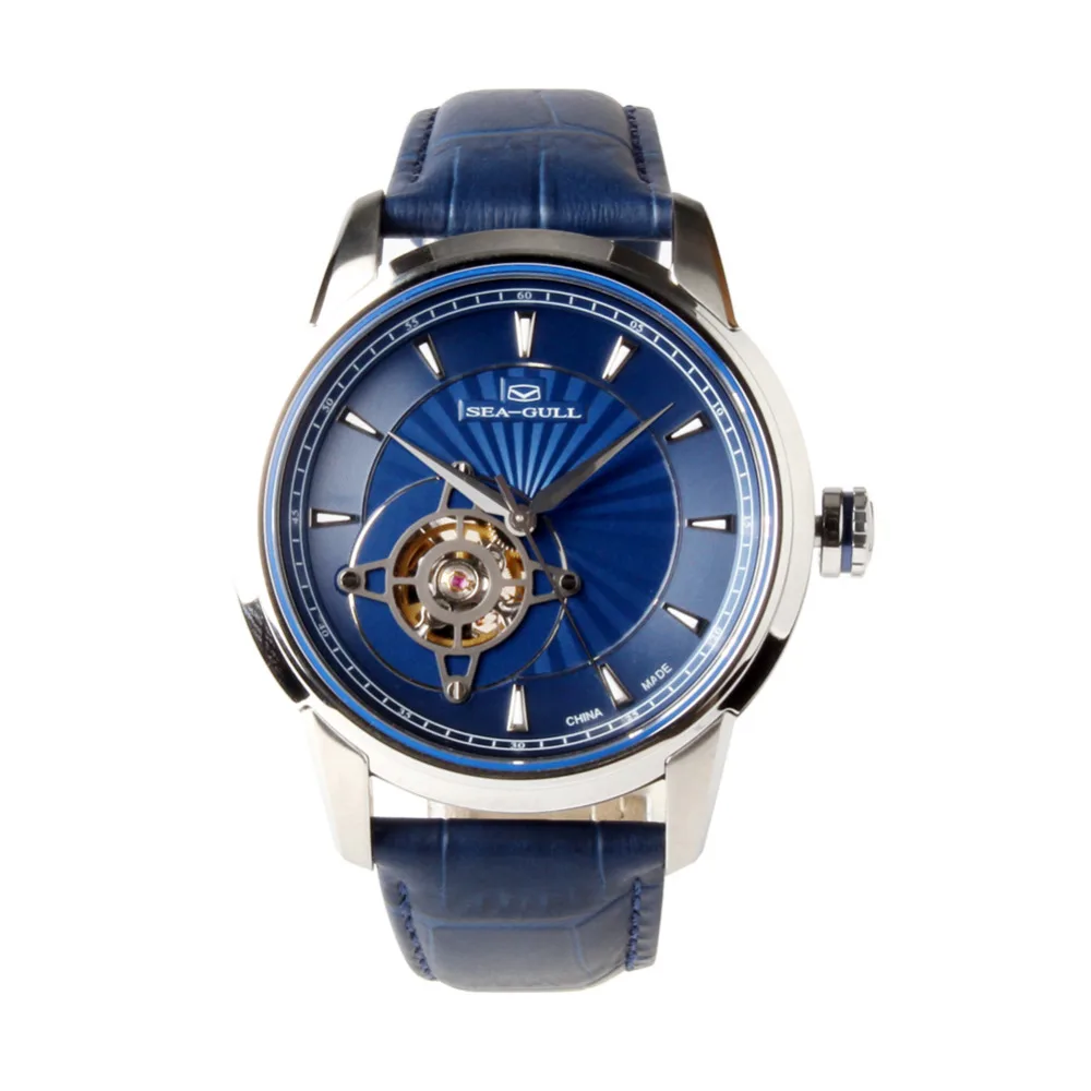 

New arrival Seagull 3 Hands Flywheel Exhibition Back Blue Dial Automatic Men's Watch Genuine Leather 819.32.1014K