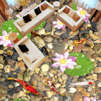 

Custom 3D Floor Painting PVC Self-adhesive Mural Stones Lotus Flower Fish Bathroom Living Room Floor Sticker Vinyl Wallpaper-3D