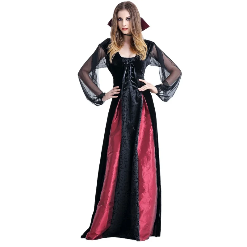 Women Cosplay Vampires Queen Mesh Elastic Vintage Long Dresses Vampire ...