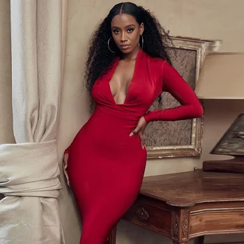 

2019 Elegant Women Long Sleeve Dress White Red Navy Black Sexy V-Neck Bodycon Bandage Vestido Fashion Party Knee Length Dresses