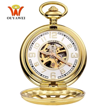 

Luxury Brand Men Hand Winding Mechanical Pocket Watch Gold Skeleton Dial necklace Pendant Vintage Steampunk Male Fob Watches