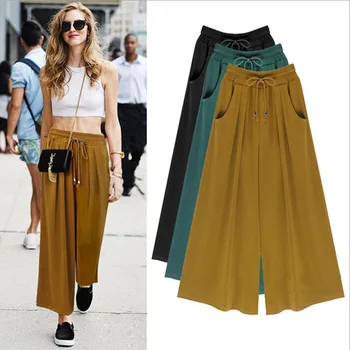 

M-6XL Plus Size 2019 New Casual Women Solid Ankle Length Mid Elastic Waist Pleated Drawstring Loose Wide Leg Pants Casual Capris