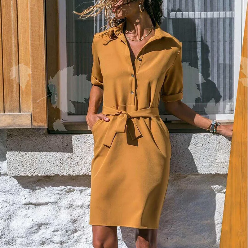 VITIANA Women Office Work Pencil Dress Female 2018 Autumn Short Sleeve Solid Blue Button Belt Elegant Casual Dresses Vestidos Dresses