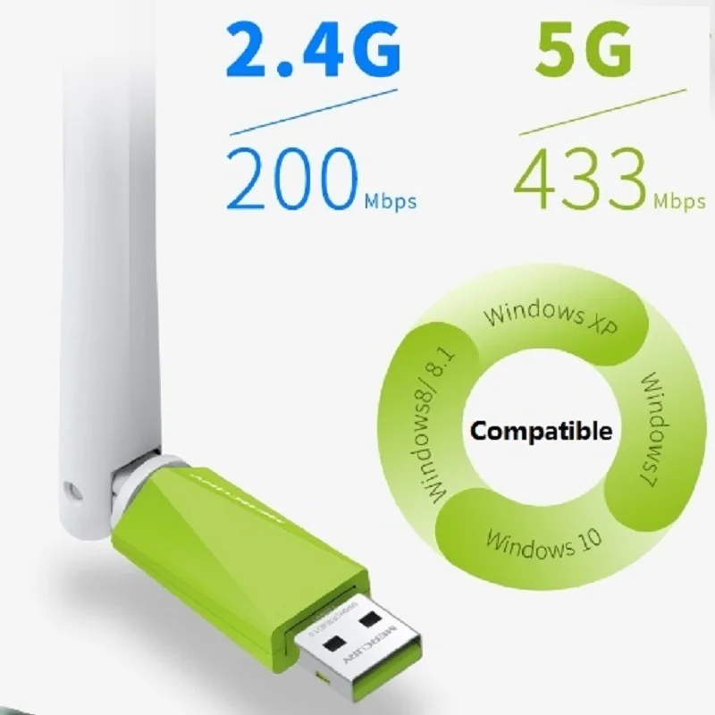 

Plug&Play Drive-free AC650 Wireless Network Card 11AC 650Mbps Dual Band 2.4GHz 5GHz USB2.0 WiFi Adapter w/ 5dBi External Antenna