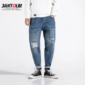 

Jantour 2019 spring summer new quality blue hole jeans men fashion haren loose pants Hip hop trousers male large size 28-40-42