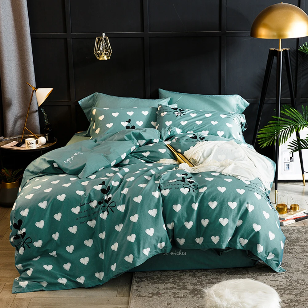 

Papa&Mima White heart print bedding set Sanding cotton Queen King size flat sheet pillowcases duvet cover sets bedlinens