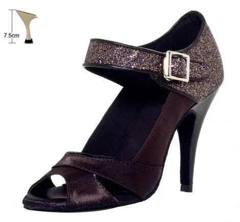 Женская Черная Атласная блестящая Латинская танцевальная обувь для бального зала пикантная танцевальная обувь для сальсы - Цвет: 7cm flare heel